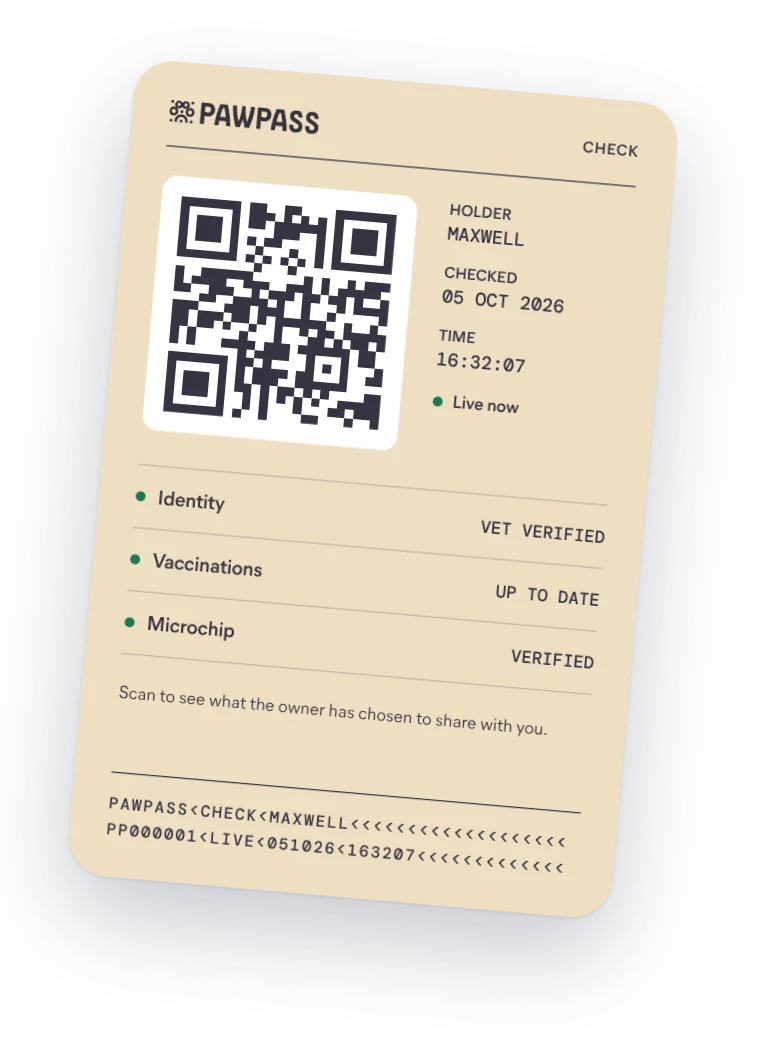 The check side of a PAWPASS ID: a code to scan, with identity, vaccinations and microchip shown as verified